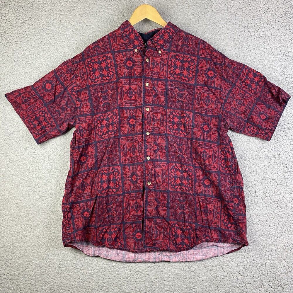 Trader Bay Mens Button XL Red Floral Tiki Hawaiian Camp Hibiscus Tribal Vintage